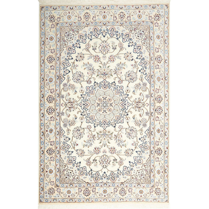This fine, Persian rug is a typical piece in the popular traditional Nain design. The colors are a wool white field, beige border and light blue accents. The size is 203 x 132 cm, the quality is 9la. The round Medaillon is floral like the field and corners.
