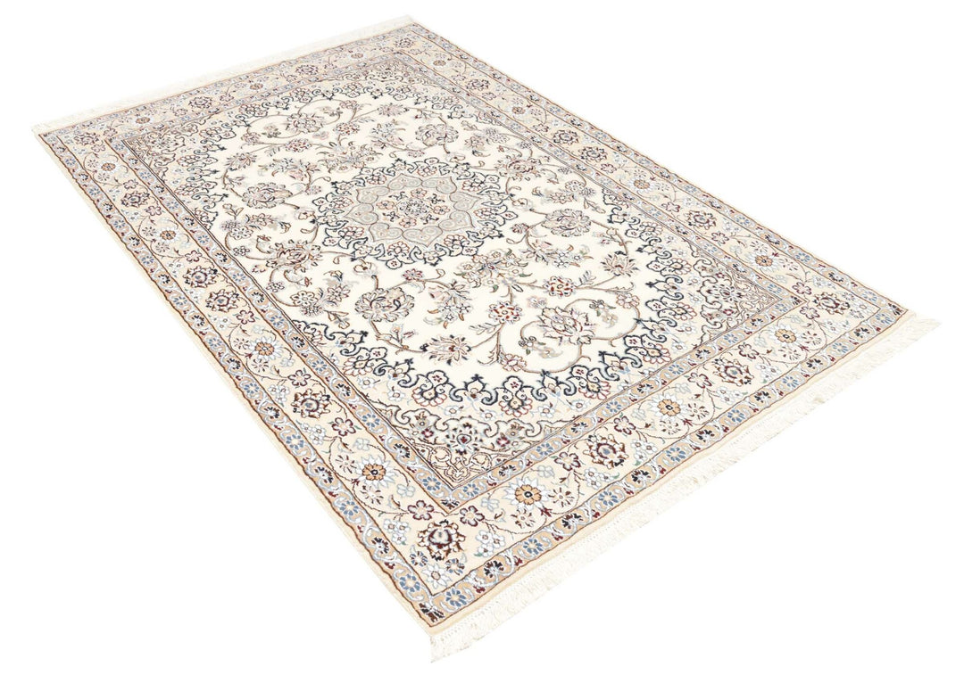 This fine, Persian rug is a typical piece in the popular traditional Nain design. The colors are a wool white field, beige border and light blue accents. The size is 203 x 132 cm, the quality is 9la. The round Medaillon is floral like the field and corners.