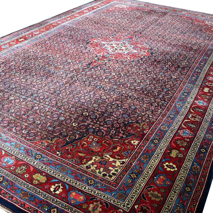 Antique Bidjar Rug 17.1 x 10.3 ft Blue Red Hand Knotted Wool