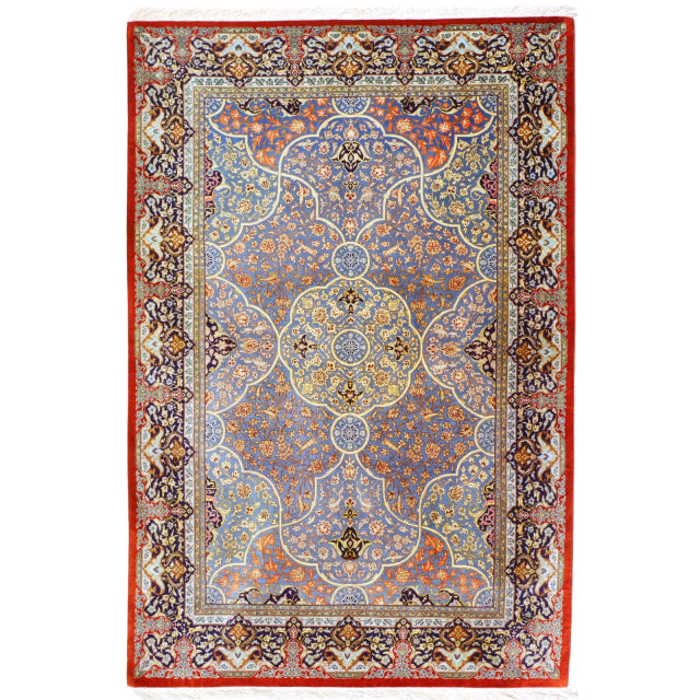 Qum silk rug, floral medallion on sky-blue field, 195 × 132 cm — Djoharian #12233