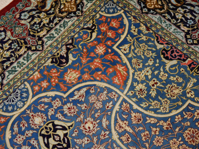 Qum silk rug detail — border and corner spandrel, Djoharian #12233