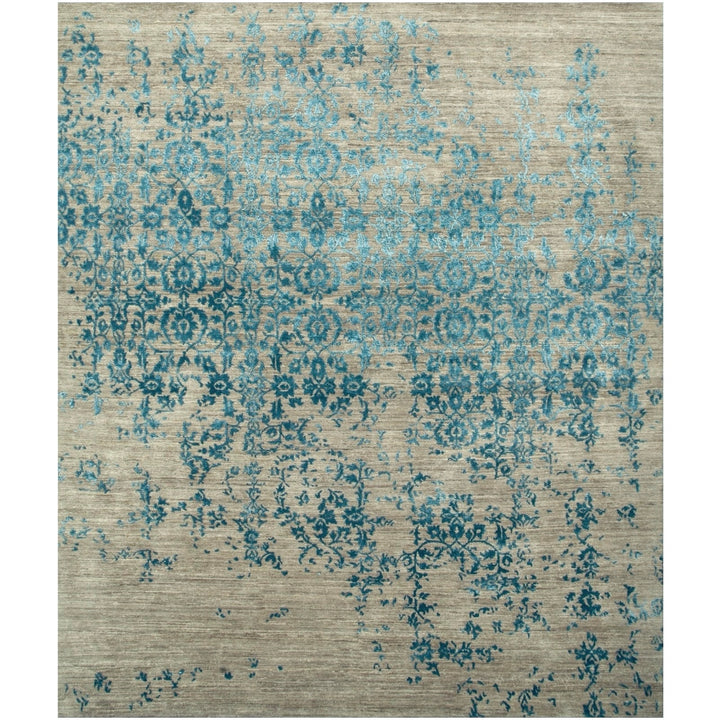 Bidjar Erased designer rug, hand-knotted wool and silk in Nepal, 300 × 250 cm, faded floral design in beige and blue | Djoharian 16087