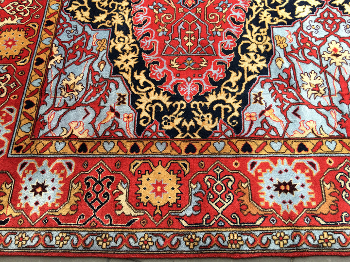 Oushak rug, navy field with red medallions and light-blue spandrels — 14757