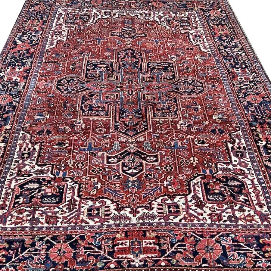 Antique Heriz Serapi rug, 8 x 12 ft, indigo and brown Persian carpet for a grand living room or dining area, circa 1940