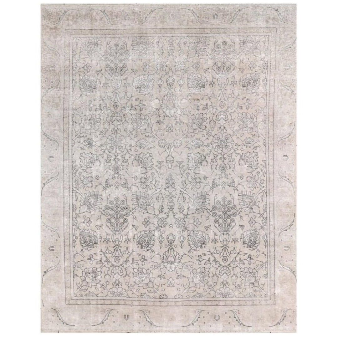 Large hand-knotted vintage room size rug, 12 x 9 ft, muted beige and grey distressed look, Dining or Living room