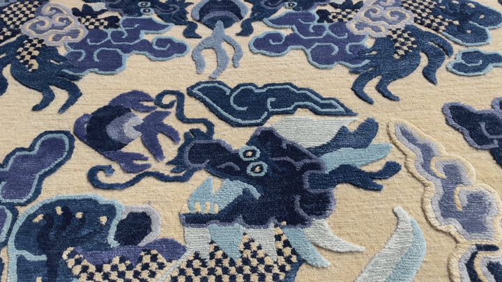 16190 Drachenteppich Imperial Silk China handgeknüpft beige blau