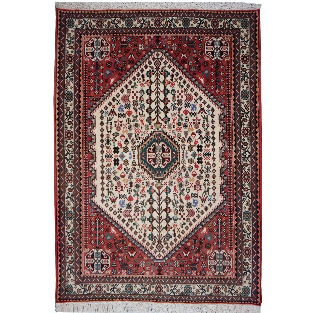 Hand-knotted Vintage Persian Abadeh rug, 5.1 x 3.3 ft, geometric tribal design in red and beige, suitable for underfloor heating.
