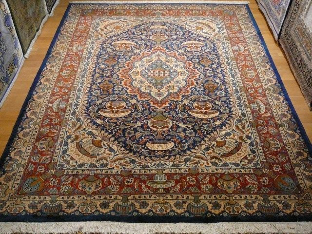 Kashmar Room Size Rug 11 x 8 ft Vintage Persian Vase Carpet Blue Beige Brown