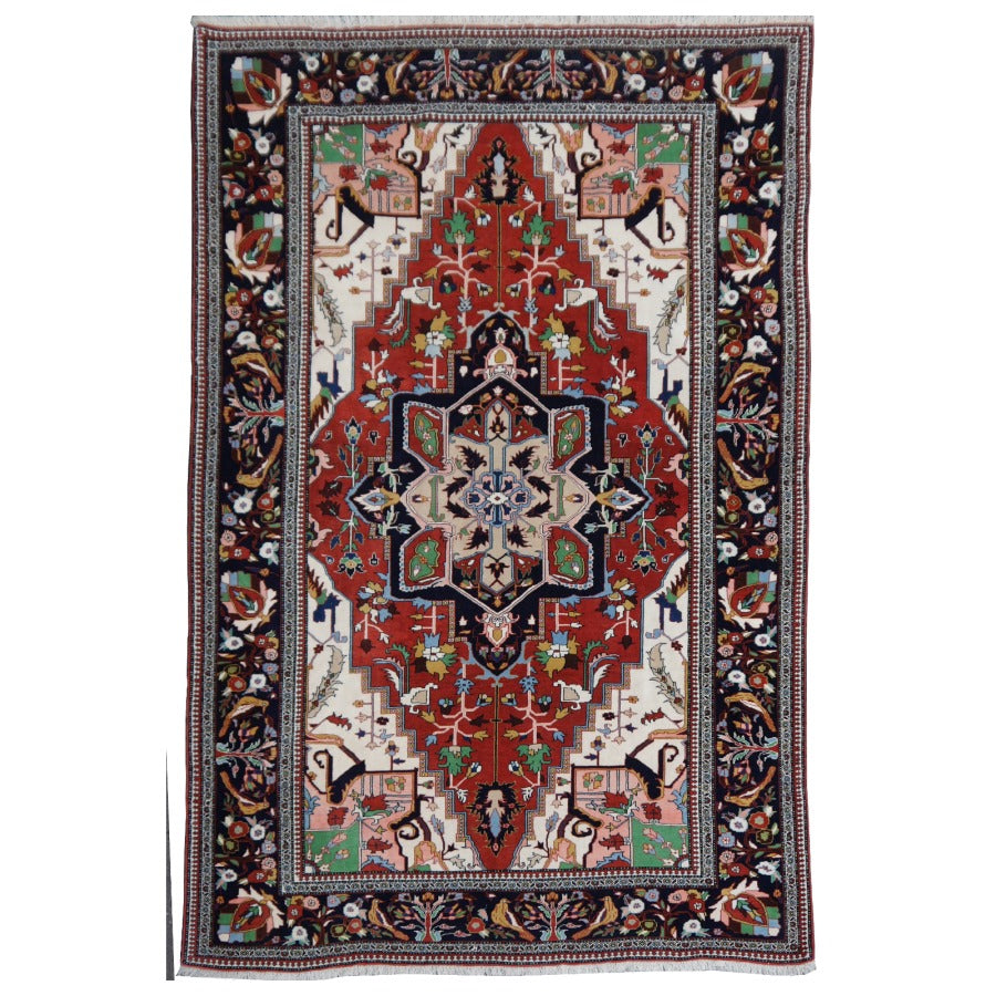 09522 Heriz Serapi vintage rug 7 x 10 ft Brown Black Green Beige