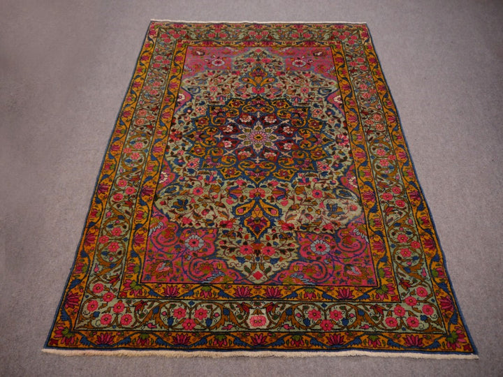 Kerman Antique Rug Worn To Perfection 6.5 x 4.3 ft Green Pink Gold Blue