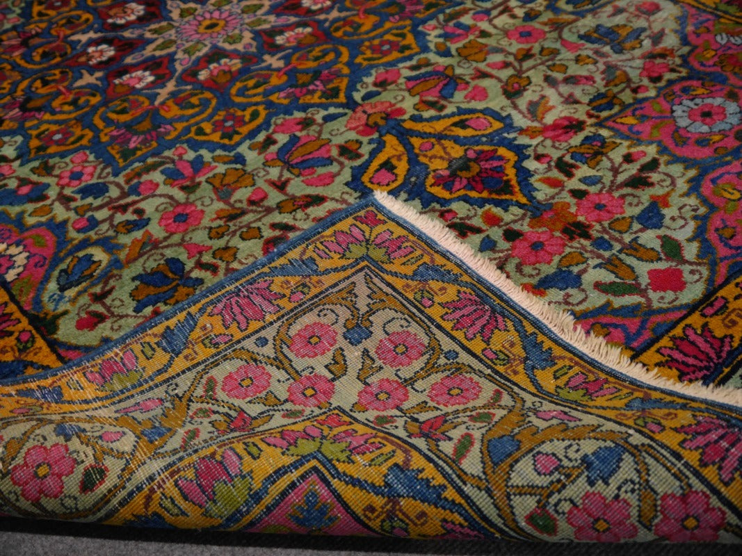 Kerman Antique Rug Worn To Perfection 6.5 x 4.3 ft Green Pink Gold Blue