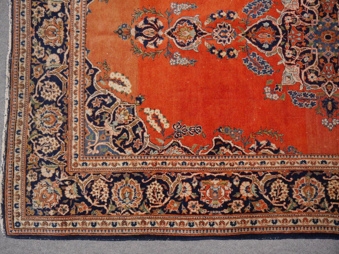 14825 Kashan Antique Rug 7 x 4.5 ft Salmon Orange Blue