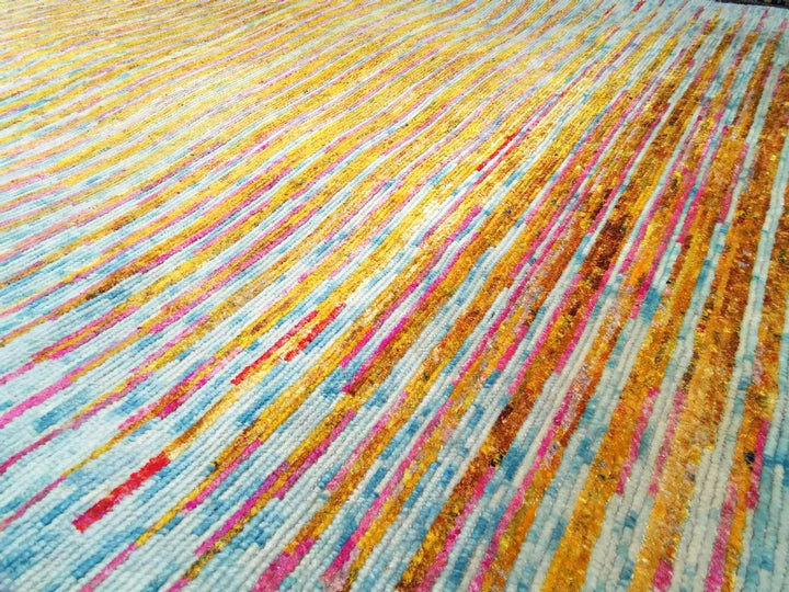 15378 Design Teppich Tiger 306 x 237 cm Sari Seide Blau Beige Gelb Pink