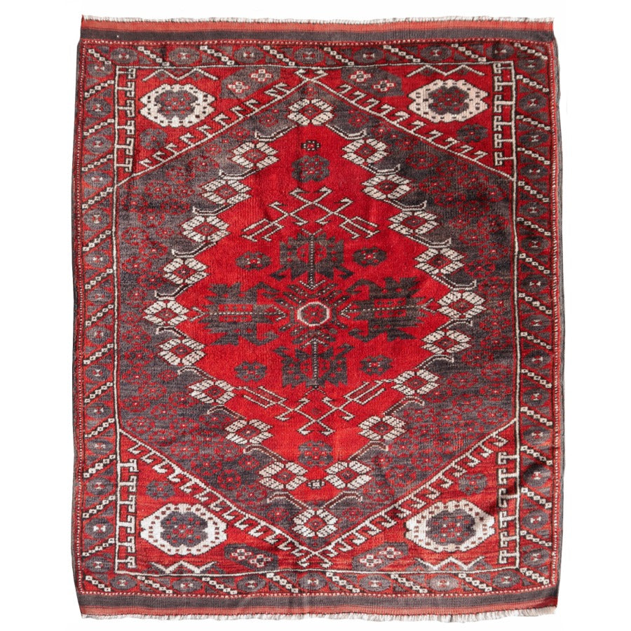 15439 Bergama Kiz vintage rug red gray 4.4 x 3.7 ft