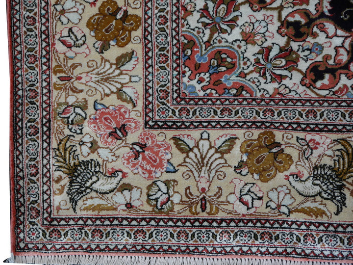 Qum pure silk rug - collectors item Classic vintage silk rugs Origin: Qum Design: Floral with medaillon Colors: indigo blue, gold, red, green Pile hand-knotted 100% pure natural mulberry silk Size: small rugs - also for wall decoration Age: Approx. 1970/80 Condition: Very good, side edges and fringes rstored, freshly washed  Knot density: 600 kpsi