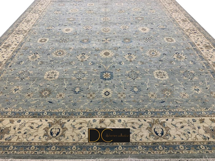28 x 14 ft Rug Blue Grey Beige hand knotted Farahan Sultanabad Oushak